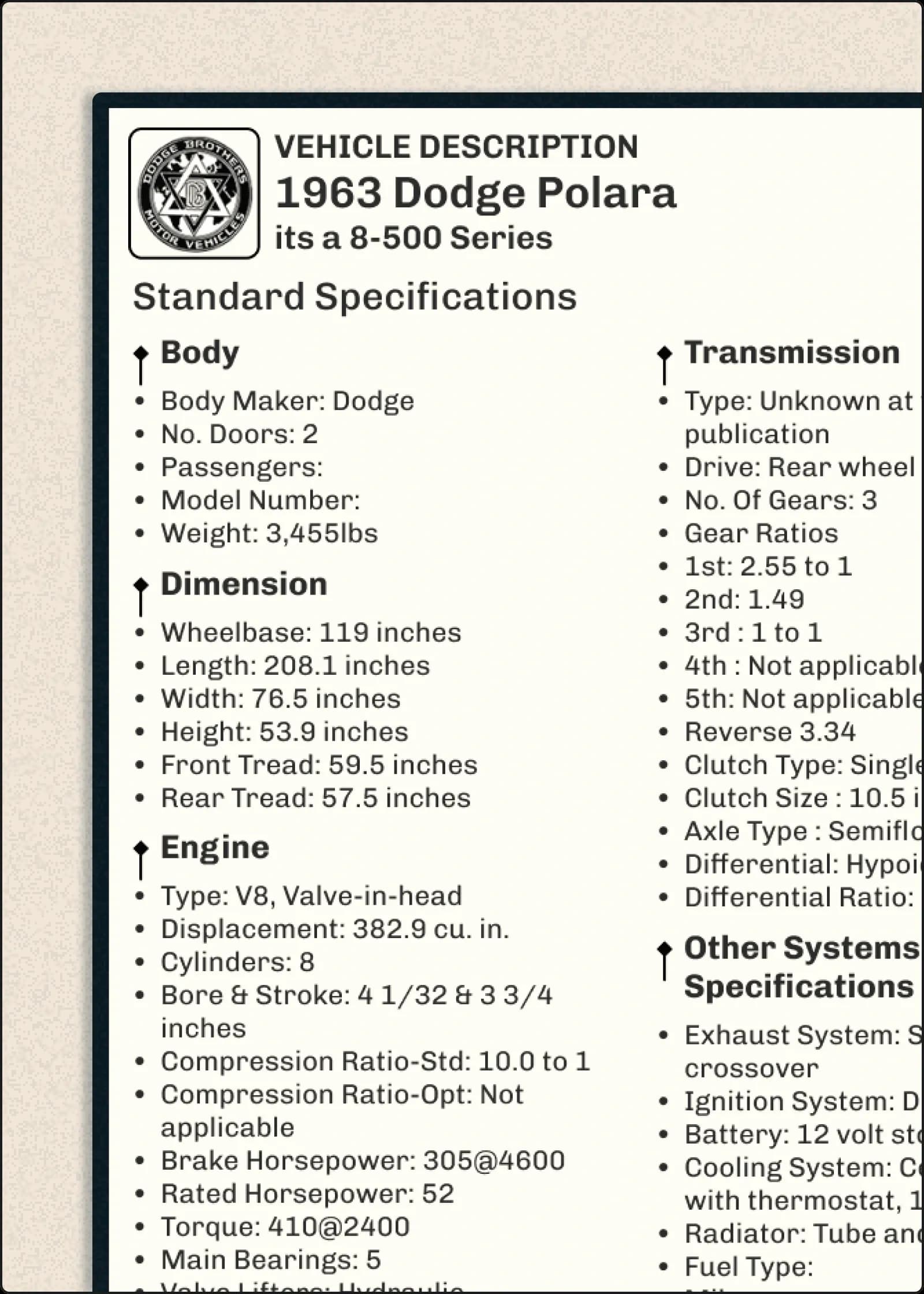 1963 Dodge Polara 500 Convertible Build Sheet