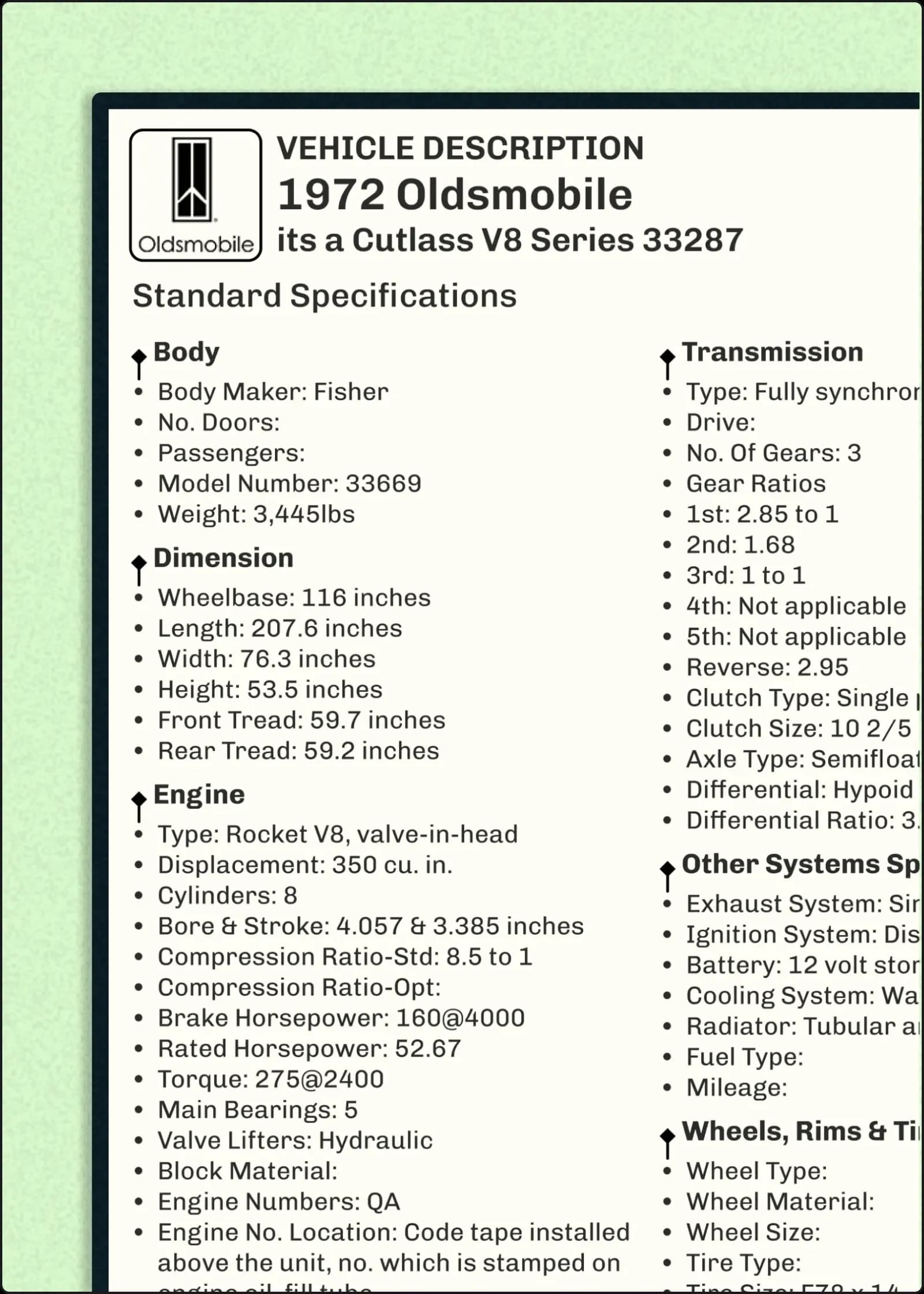 1972 Oldsmobile Series 98 Build Sheet