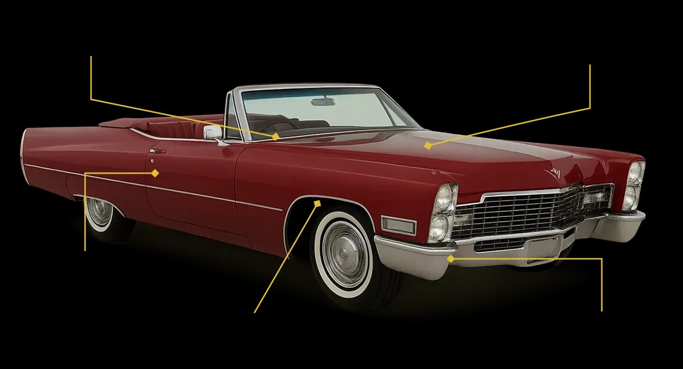 VIN locations on a classic car: dashboard, engine bay, driver's side door, steering column and frame rail