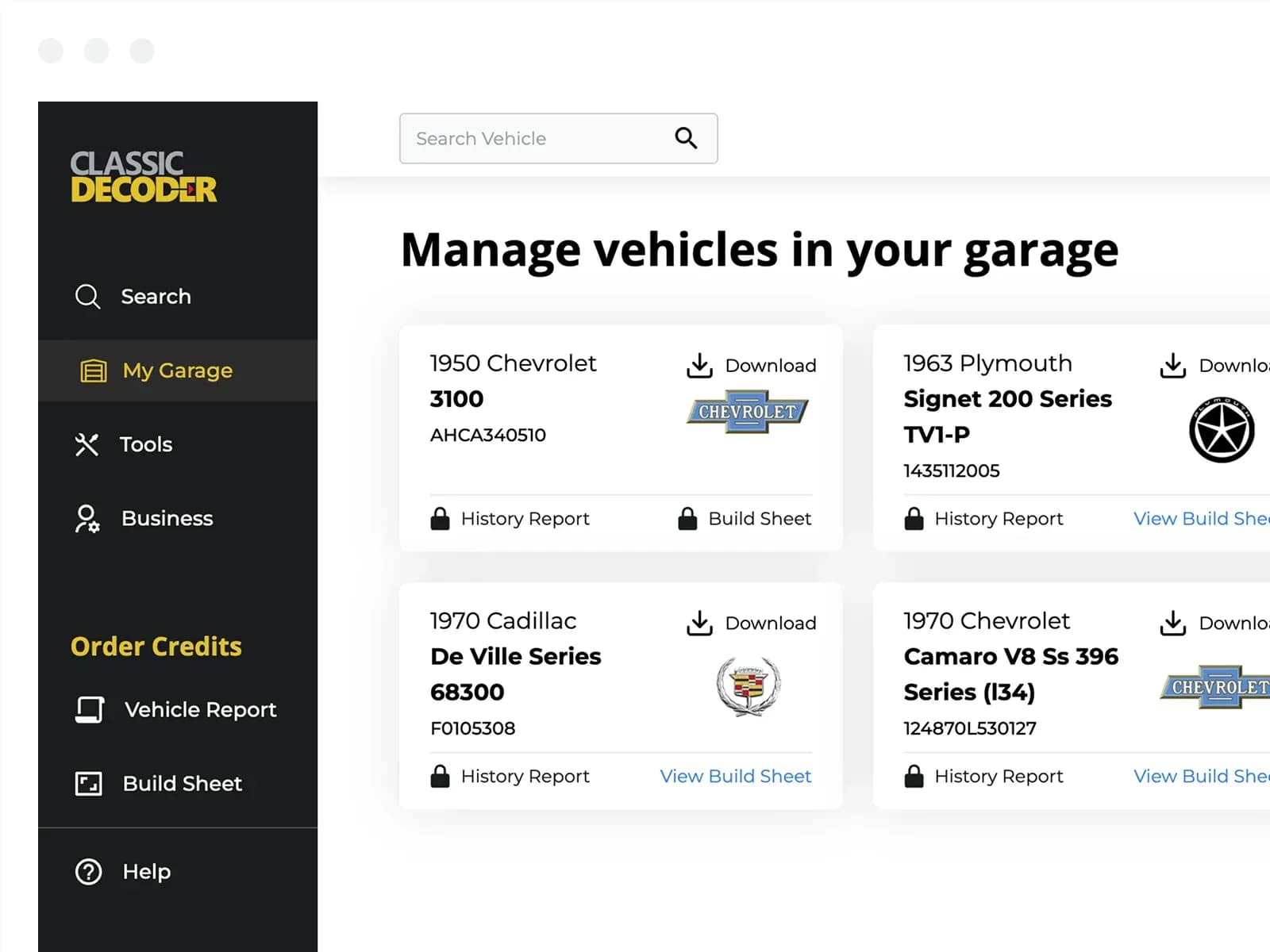 Manage vehicles in your Classic Decoder digital garage