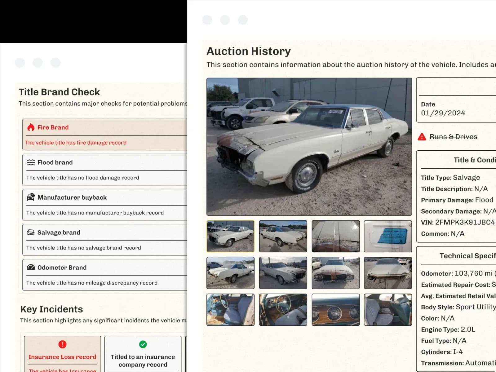 Classic vehicle history report with title brand checks and auction history